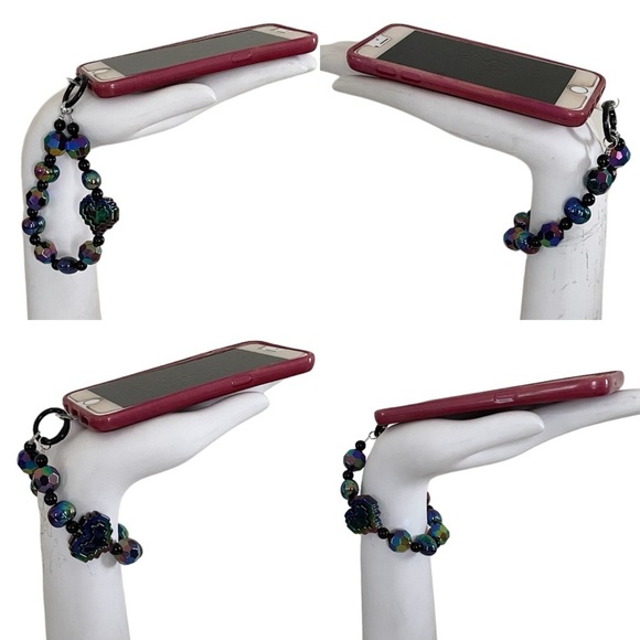 Iridescent Purple & Green Heart Large Beaded Charm Phone Accessory Wristlet - Picture 5 of 12